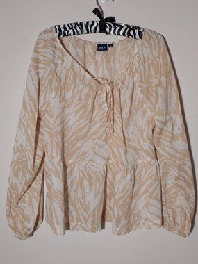 GAP Printed TIe-Front Peplum Top Zebra Print in White/Tan Sz M